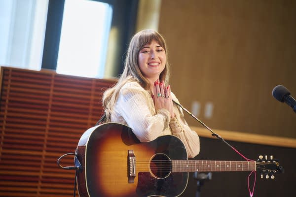 Singer-songwriter Jess Williamson thanks the audience after performing in the Forum at Minnesota Public Radio on Tuesday, Aug. 18, 2026, in St. Paul. 