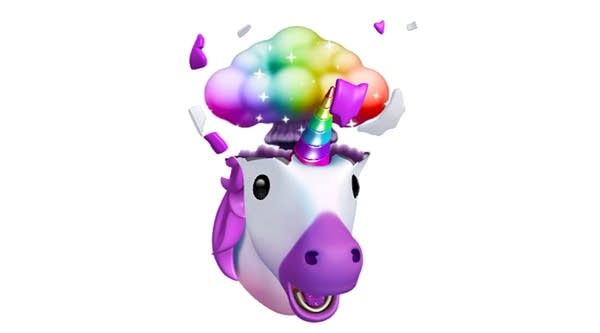 Emoji of rainbow unicorn head w/ mind exploding out of shock