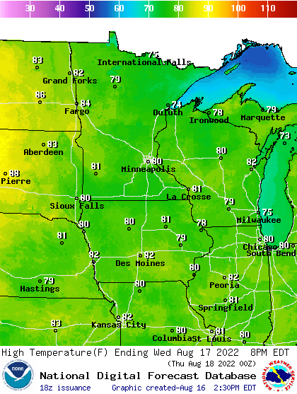 Forecast high temperatures Wednesday