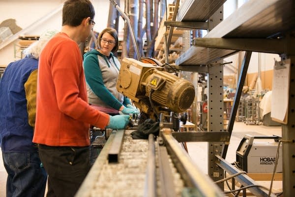 Carpenter Molly Diers at work in the Guthrie Theater scene shop.