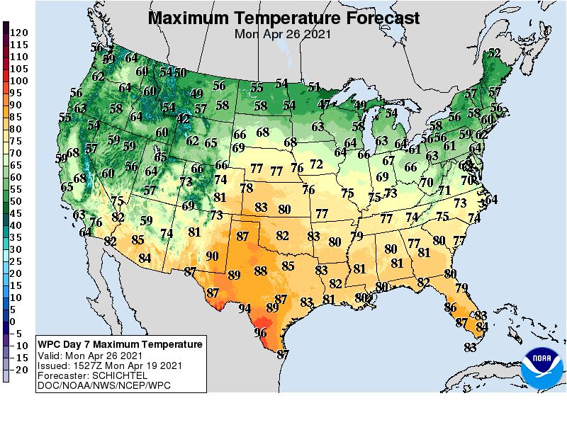 Forecast high temperatures Monday