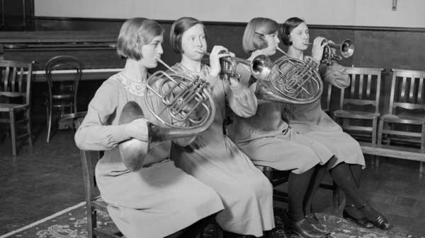 1932: Trumpet and horn players of the Queenswood College Orchestra