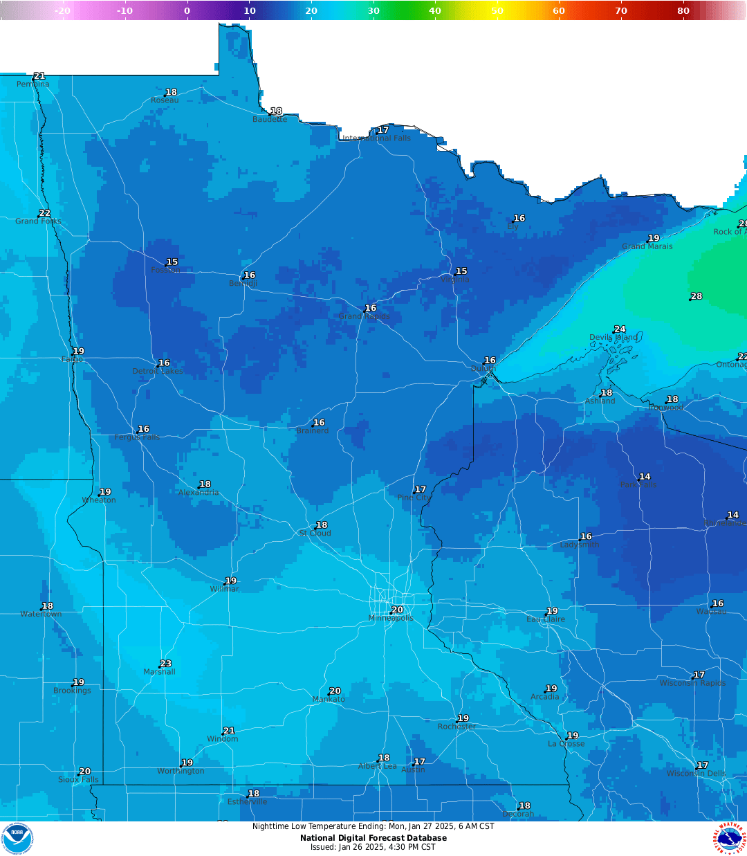 Lows for Sunday night