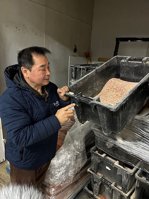 An older Japanese man points to a rubber bin of seafood byproducts.