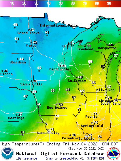 Forecast high temperatures Friday