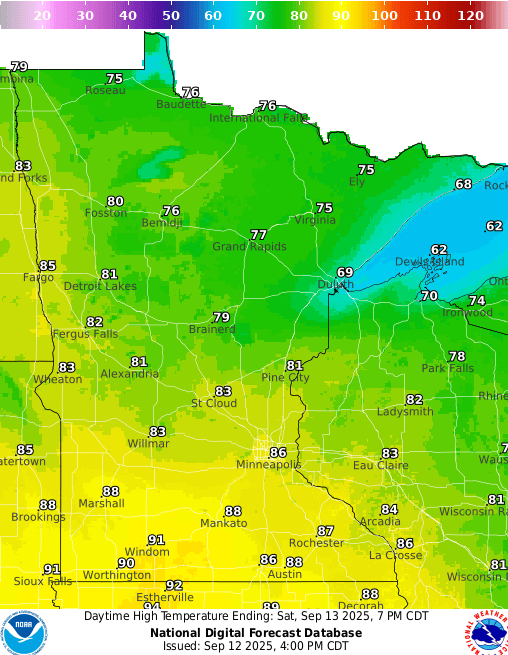 Forecast high temperatures Saturday