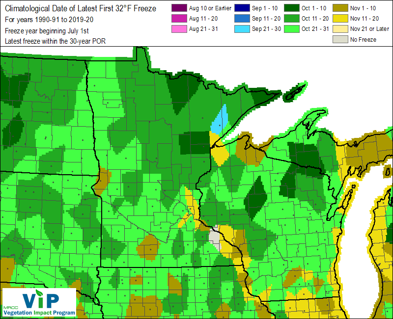 Date of latest first 32 degree freeze for 1990-2020