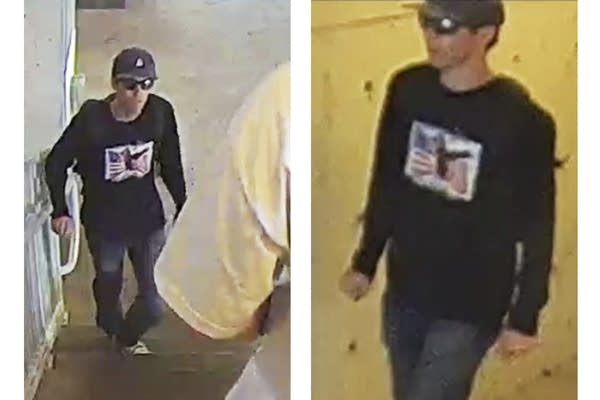 Two images side by side of a man in jeans, a black hoodie, a baseball cap and sunglasses.