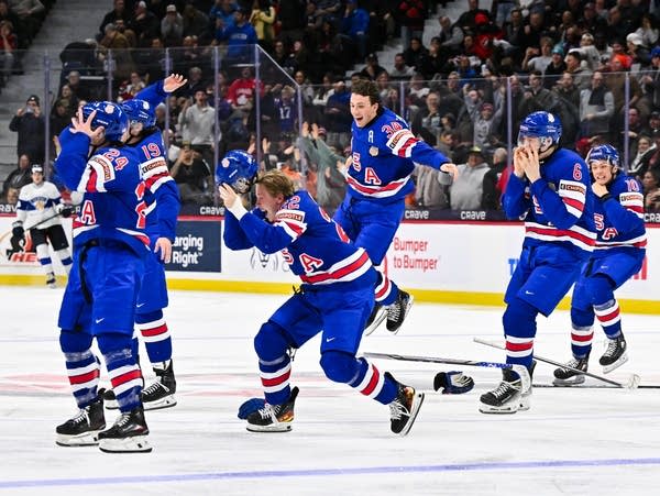 Hockey players celebrate a win