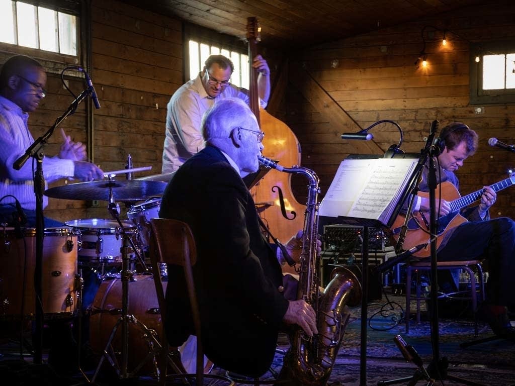 Sam Miltich, right, with his jazz band for his Improvised Life project.