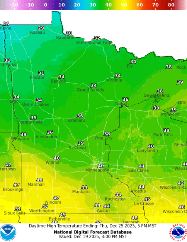 Forecast high temperatures Christmas Day