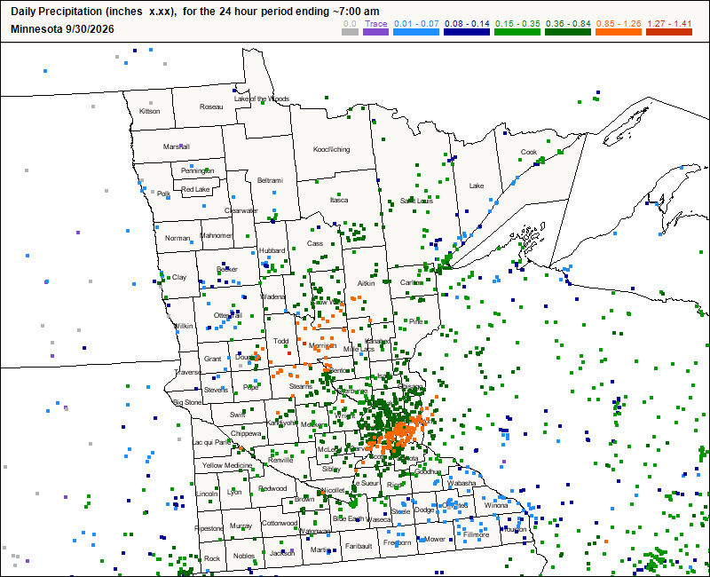 Minnesota map with rain reports 