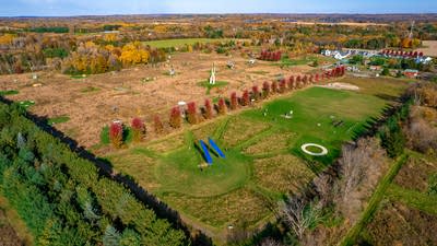Aerial view of a sculpture park in autumn.