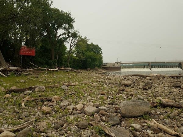 Rocks exposed by low water along a river