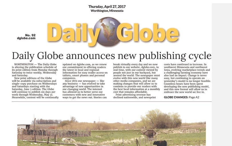 Worthington Daily Globe gives up on daily newspaper | MPR News