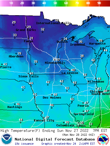 Forecast high temperatures Sunday