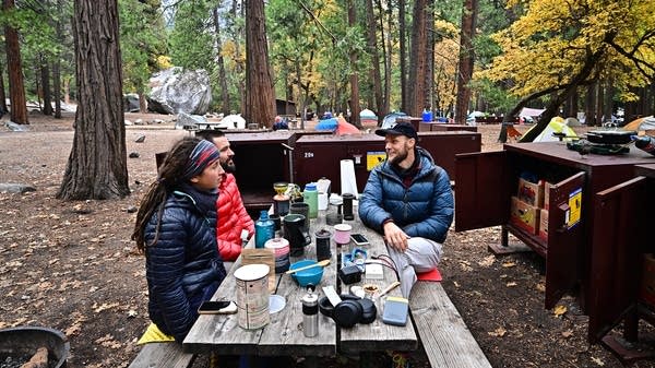 People sit at picnic tables at Yosemite.