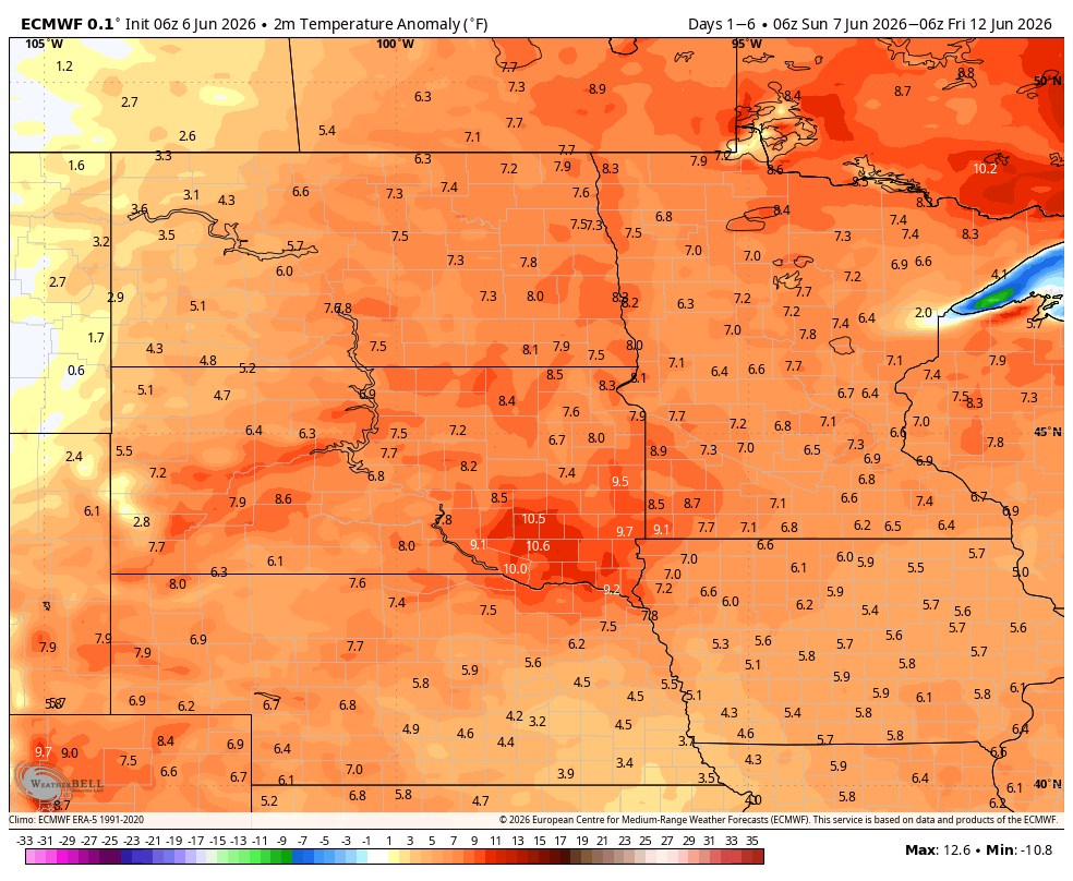 Temperature anomalies Sunday through Friday