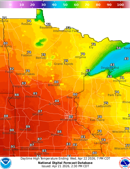 Forecast high temperatures Wednesday