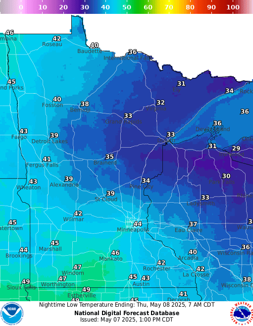 Forecast low temperatures Thursday