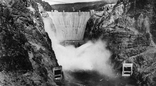 The Boulder Dam, then called the Hoover Dam, on the Arizona - Nevada border, 1936.