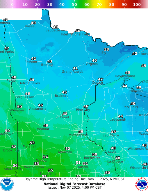 Forecast high temperatures Tuesday