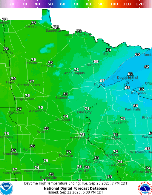 Forecast high temperatures Tuesday
