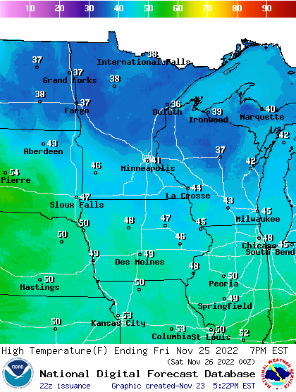 Forecast high temperatures Friday