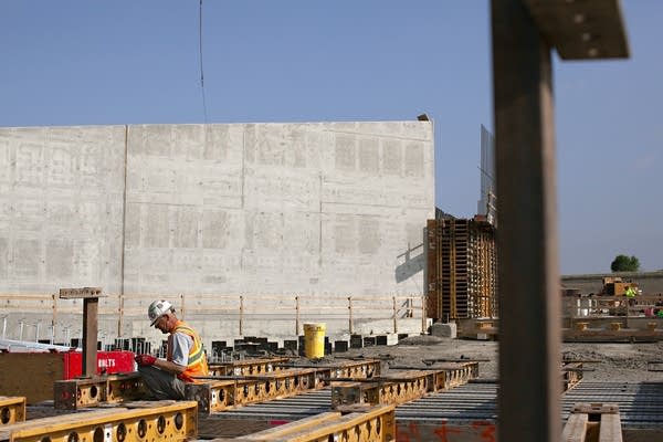 A view of a large structure under construction.