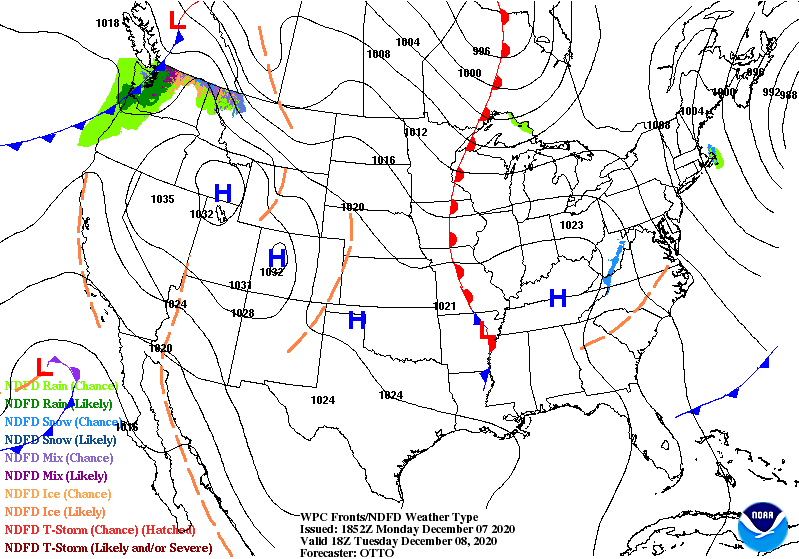 Surface weather map forecast for noon Wednesday