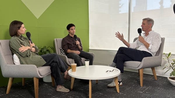 Jen Statsky (left) and Paul W. Downs (center), two of the co-creators behind the HBO Max series "Hacks," talk with "Marketplace" host Kai Ryssdal.