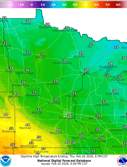 Forecast high temperatures Thursday