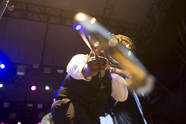 trombone player on a stage