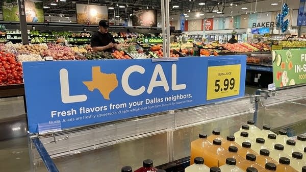 The produce section at the new Bonds Ranch Kroger Marketplace in Fort Worth advertises local Texas products. 