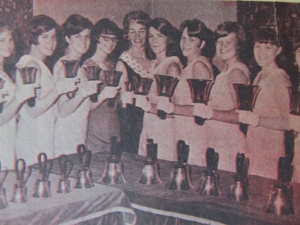 Betty Fletcher Mast, center, with young women from one of her church handbell choirs in the early 1970's.