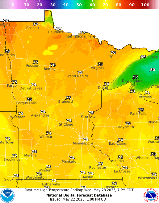Forecast high temperatures Tuesday