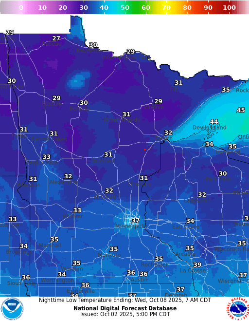 Forecast low temperatures Wednesday