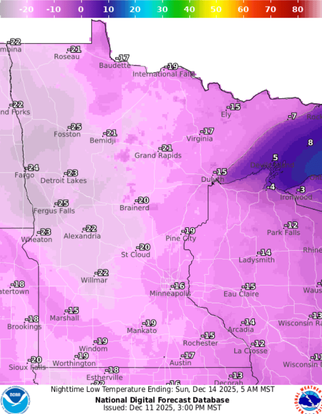 Low temperatures Sunday