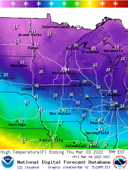 Forecast high temperatures Thursday