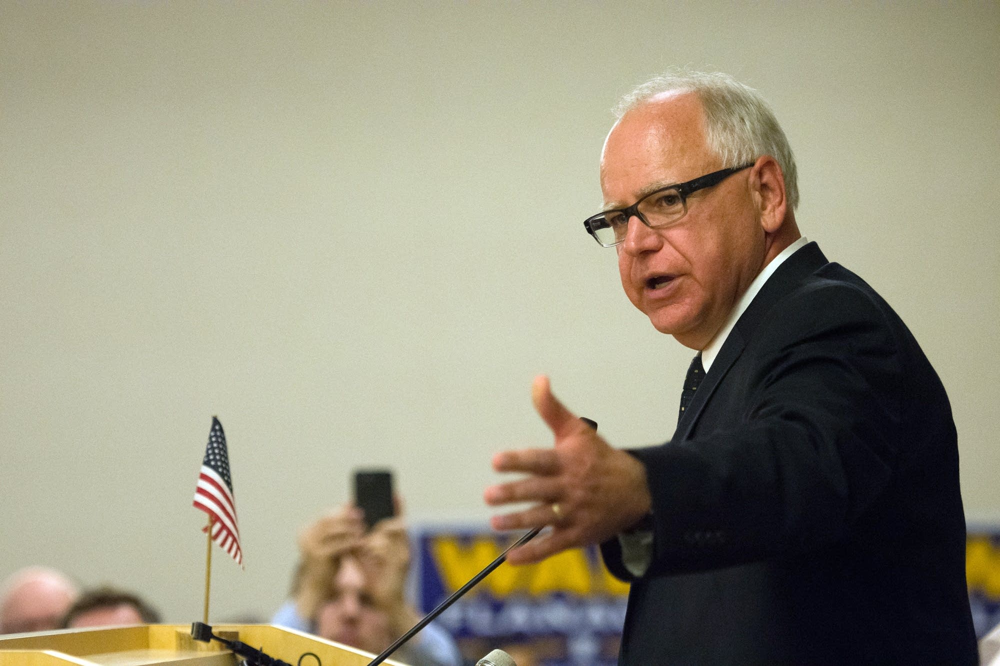 Tim Walz delivers a victory speech at Carpenter's Union Hall in St. Paul.