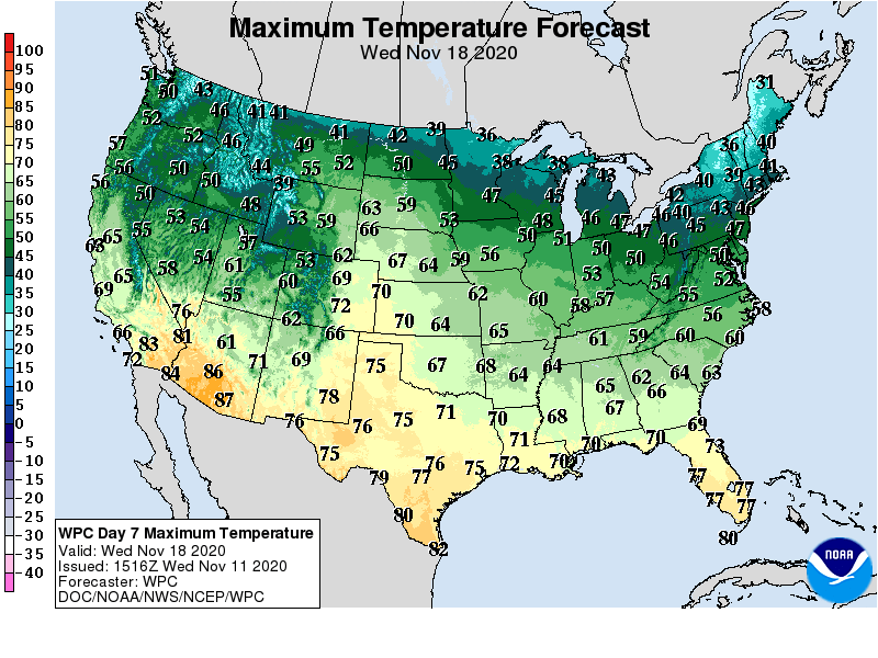Forecast high temperatures Wednesday, November 18