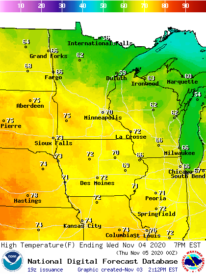 Forecast high temperatures Wednesday
