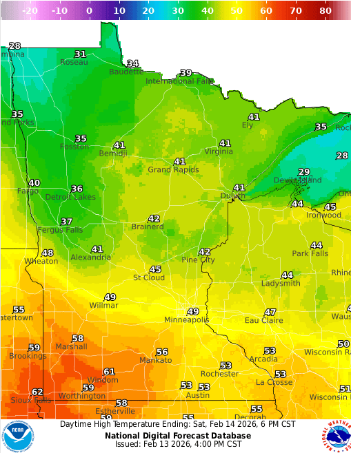 Forecast high temperatures Saturday