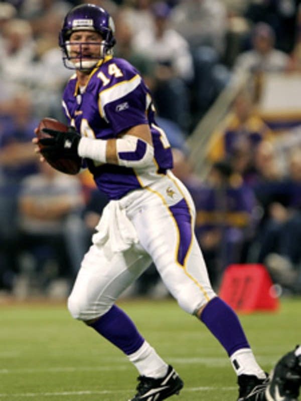 Minnesota Vikings quarterback Brad Johnson, left, and tight end