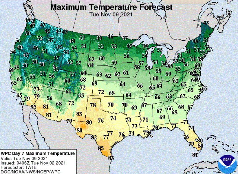 Forecast high temperatures for next Tuesday, November 9