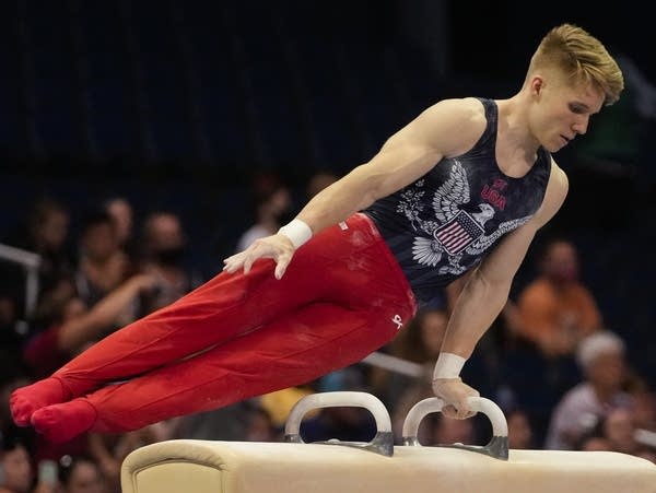 Gymnasts compete at a meet