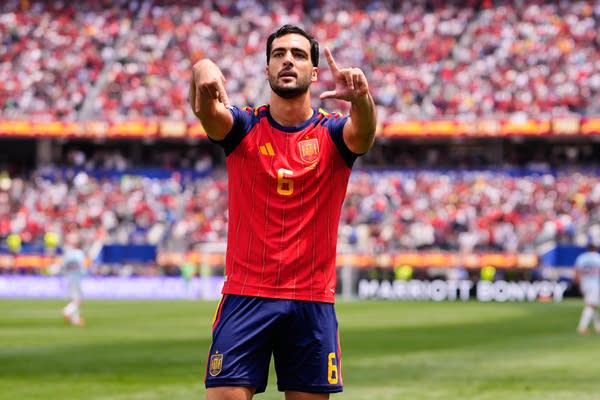 Spain's Mikel Merino celebrates after scoring a goal
