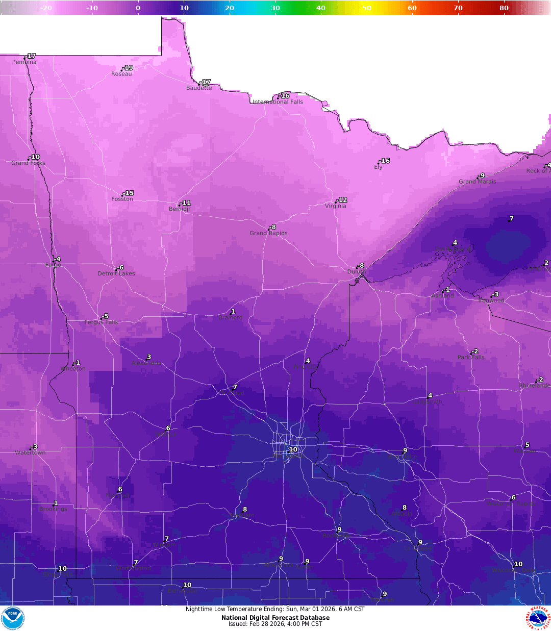 Lows for Saturday night