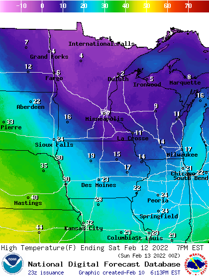 Forecast high temperatures Saturday