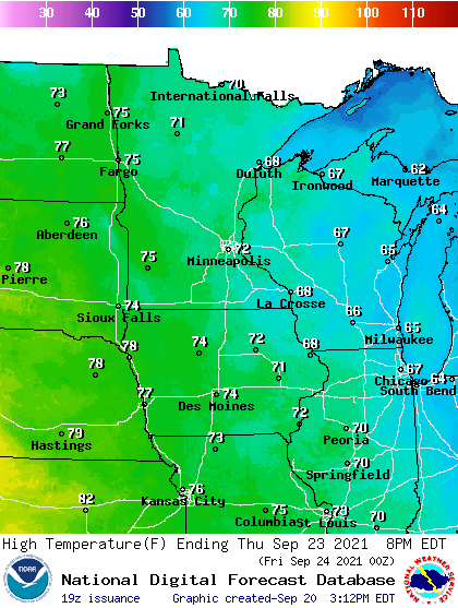 Forecast high temperatures Thursday